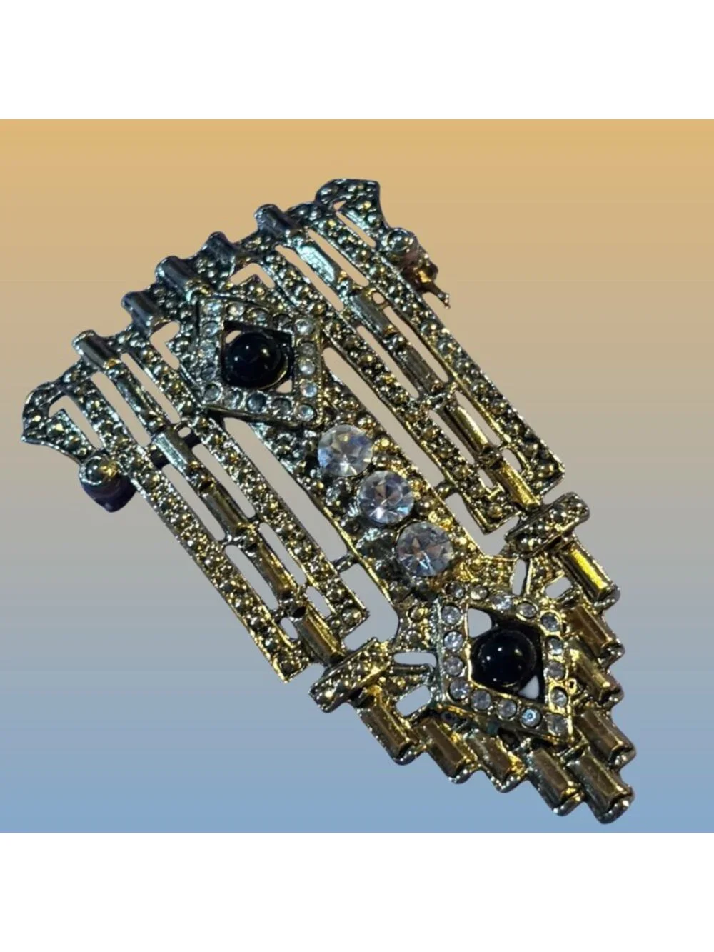 Art Deco Gold Brooch Pin With Black & Clear Rhinestones Vintage Statement Gift